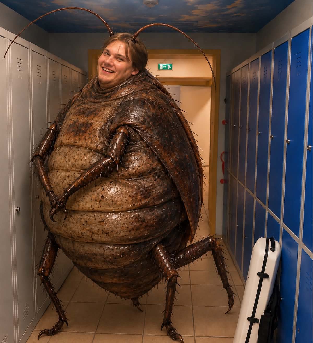 Gregas, virtęs vabalu, mokyklos persirengimo kambaryje